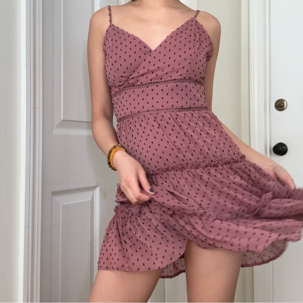 Altar'd State Swiss Dot Pink Ruffle Layered Mini Dress